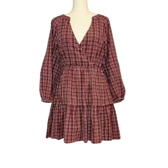 Madewell Maroon Plaid Tiered Dress - Picture 3 of 6